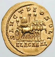Pietra sacra di Elagabal trasportata su quadriga, denario di Elagabalo