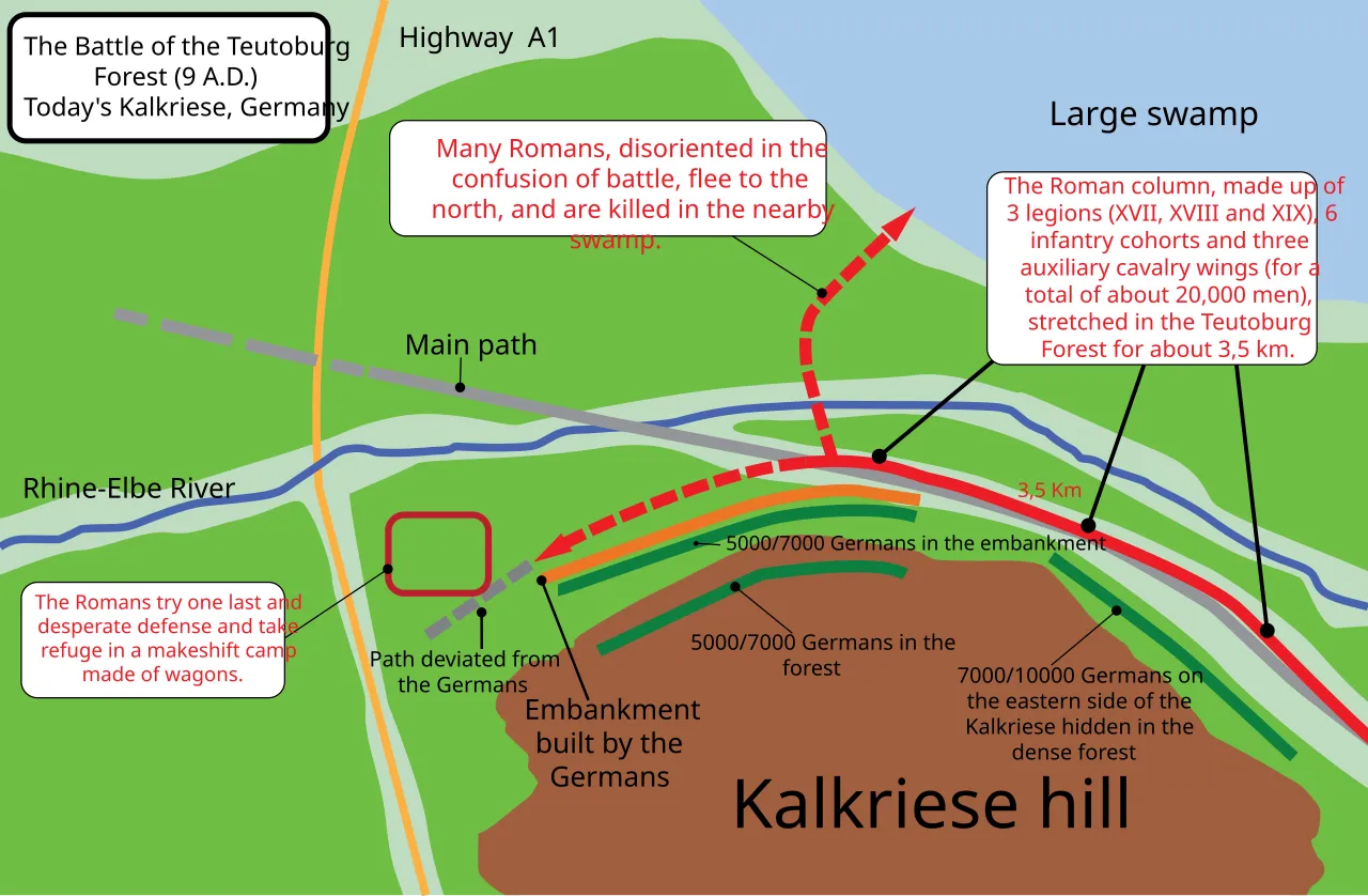 Schema della battaglia di Teotoburgo, 9 d.C., area di Kalkriese