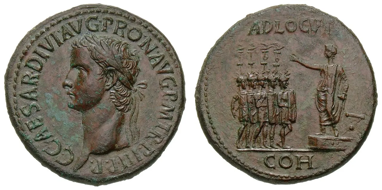 Sesterzio di Caligola con adlocutio alle coorti pretorie, Münzkabinett Berlino