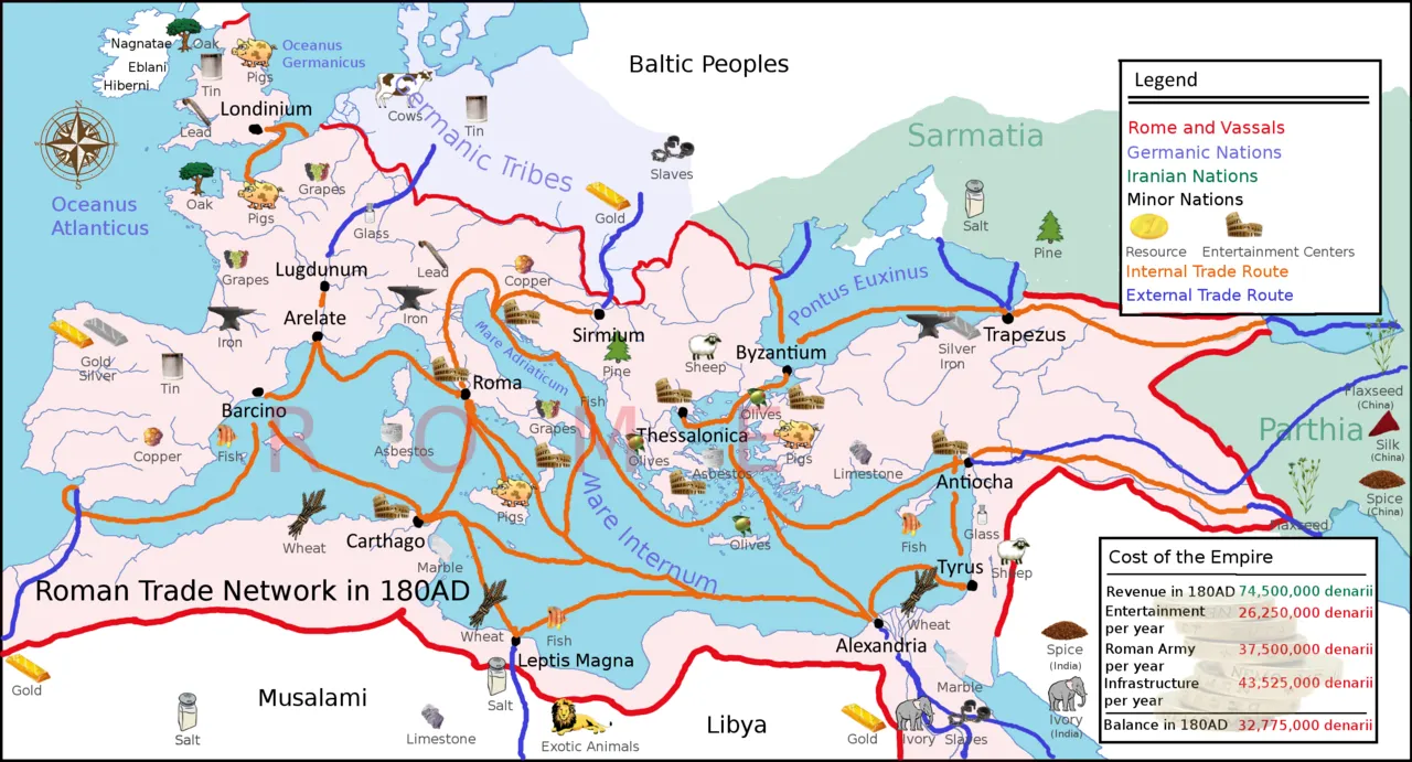 Rotte commerciali dell'Impero Romano — 180 d.C.