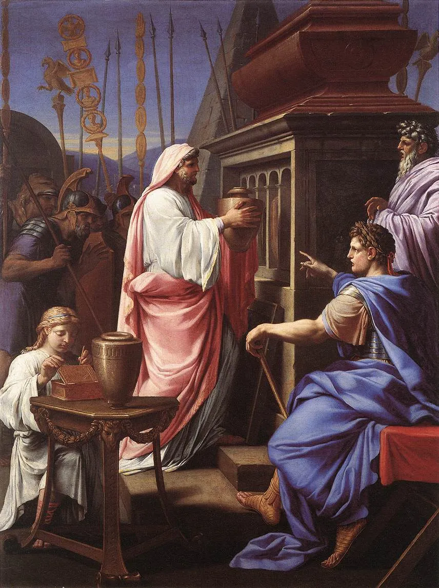 Dipinto di Eustache Le Sueur: Caligola depone le ceneri della madre e del fratello nel sepolcro degli antenati