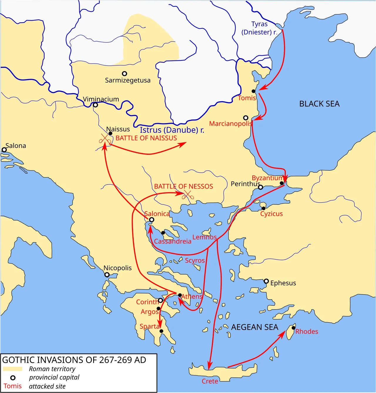 Mappa delle invasioni gotiche del 267–269 d.C.