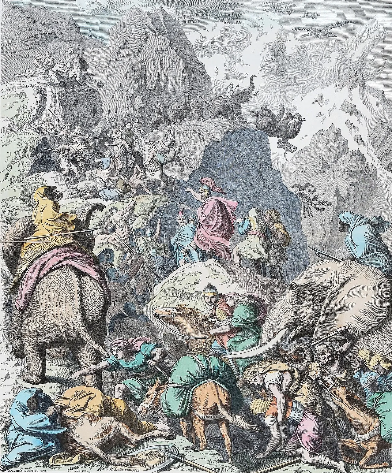 Annibale attraversa le Alpi con gli elefanti, illustrazione di Heinrich Leutemann