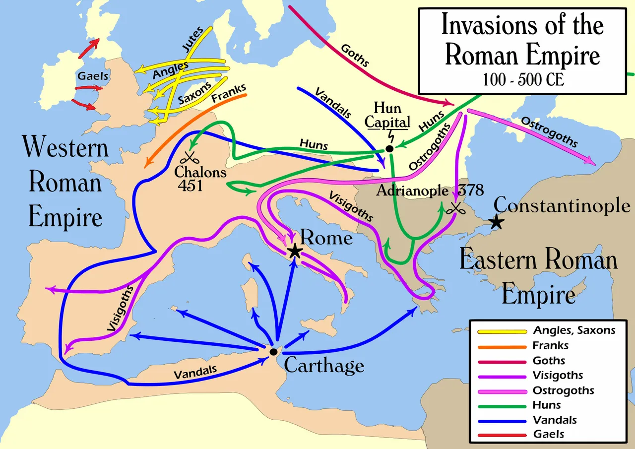 Rotte delle invasioni barbariche nell'Impero Romano — secoli IV–V d.C.