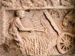 Mietitrice gallo-romana — rilievo da Treviri, II sec. d.C.