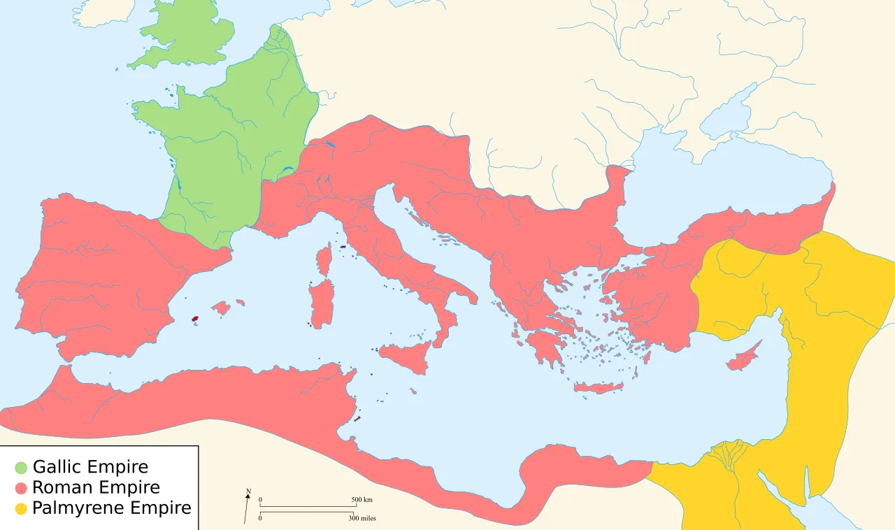 Mappa dell'Impero diviso in tre nel 271 d.C.