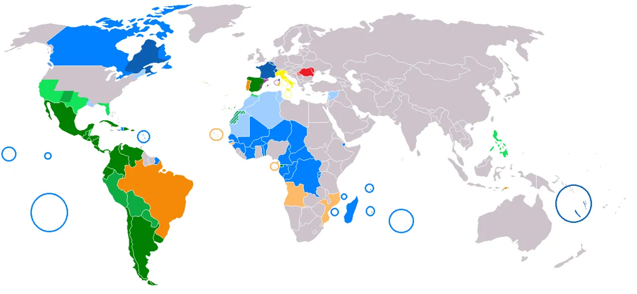 Diffusione mondiale delle lingue romanze — discendenti diretti del latino