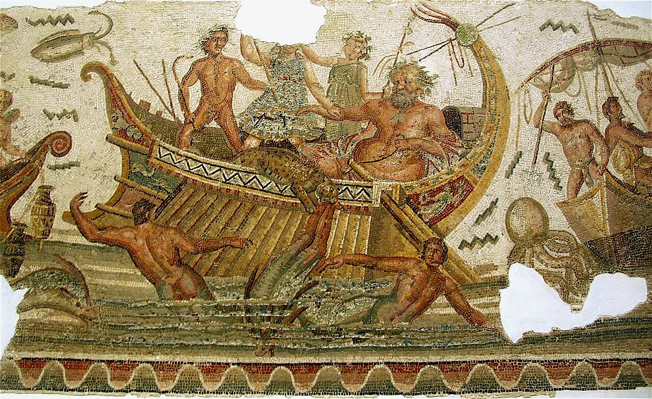 Mosaico romano con galea da guerra ed equipaggio armato — Museo del Bardo, Tunisi