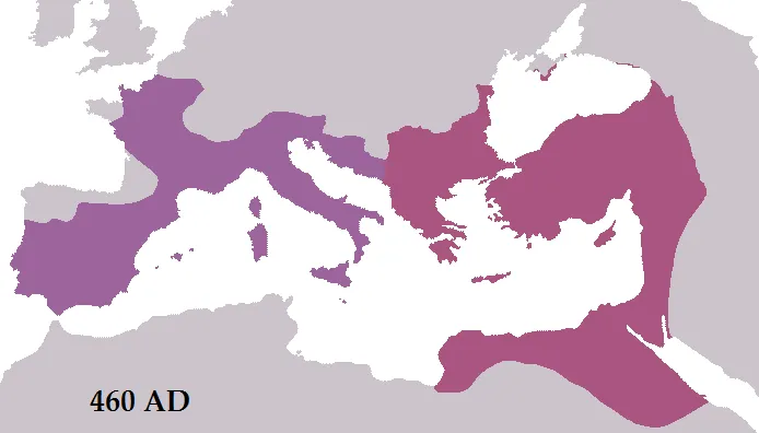 Mappa dell'Impero Romano nel 460 d.C.: Occidente ridotto, Africa in mano vandala