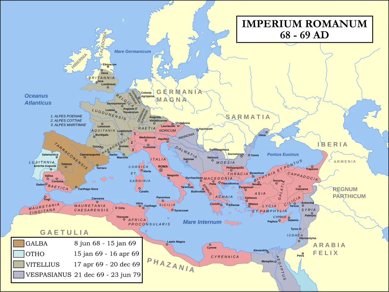 Mappa dell'Impero Romano nel 69 d.C., l'anno dei quattro imperatori
