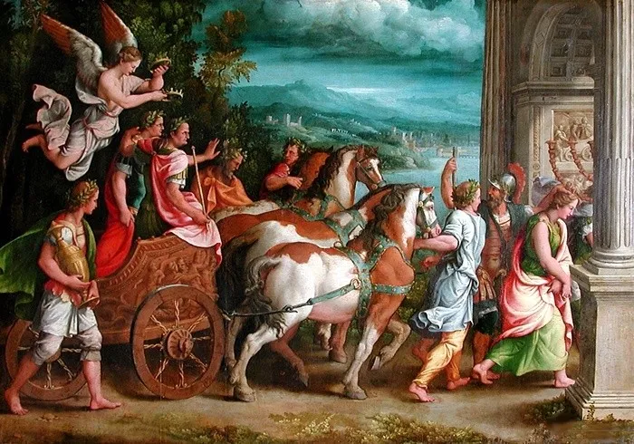 Dipinto di Giulio Romano: il trionfo di Tito e Vespasiano