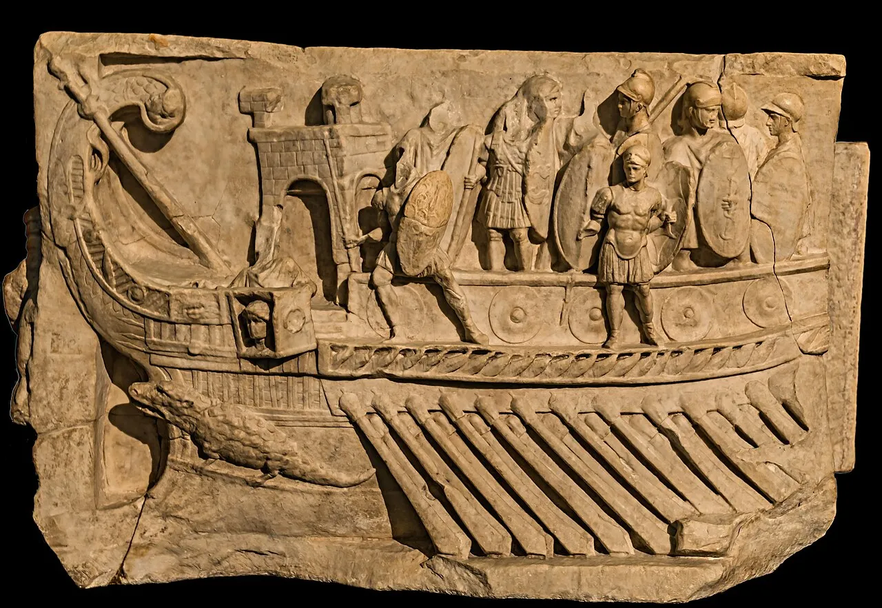 Rilievo marmoreo di una nave da guerra romana con legionari — Praeneste (Palestrina), I sec. a.C.