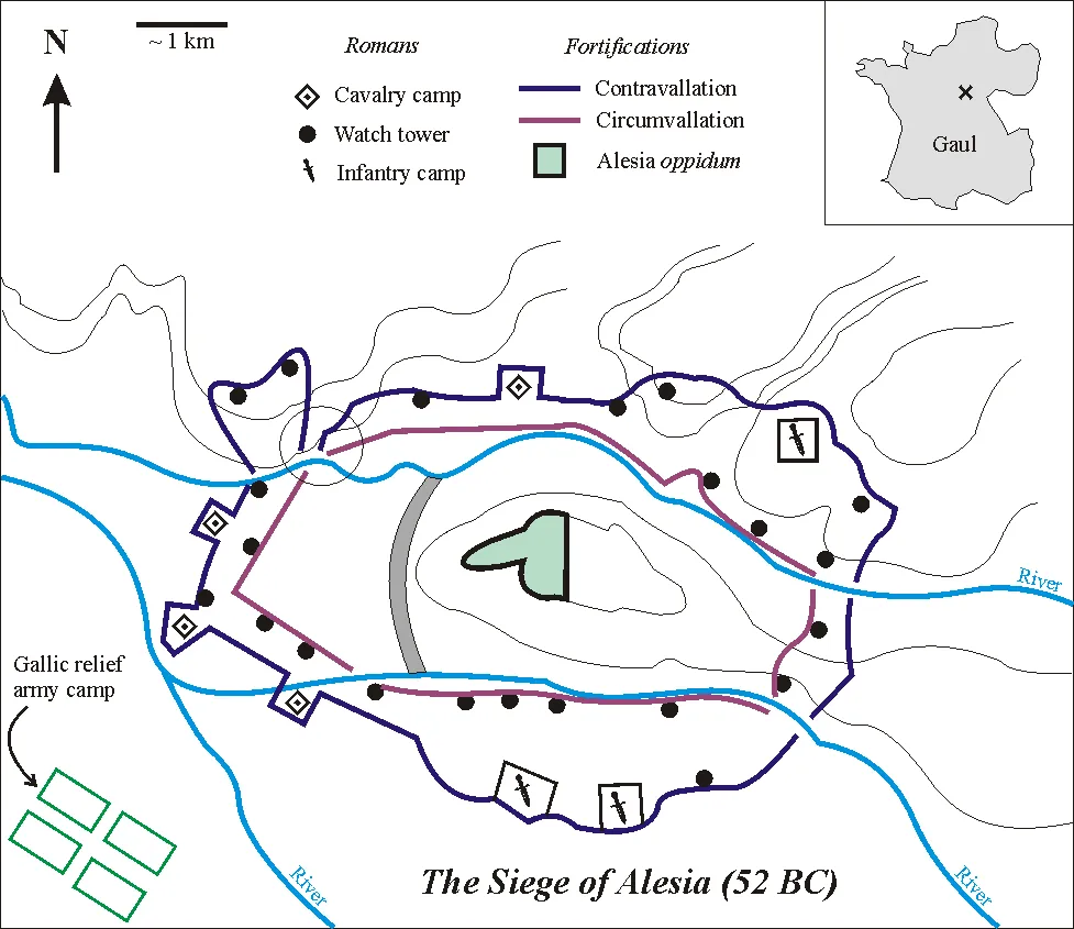 Mappa schematica dell'assedio di Alesia, 52 a.C.