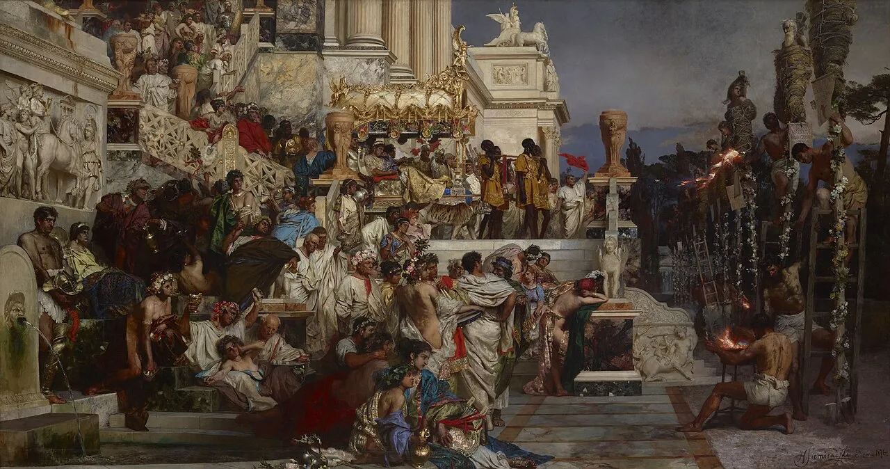 Dipinto di Siemiradzki: le torce di Nerone, cristiani arsi vivi