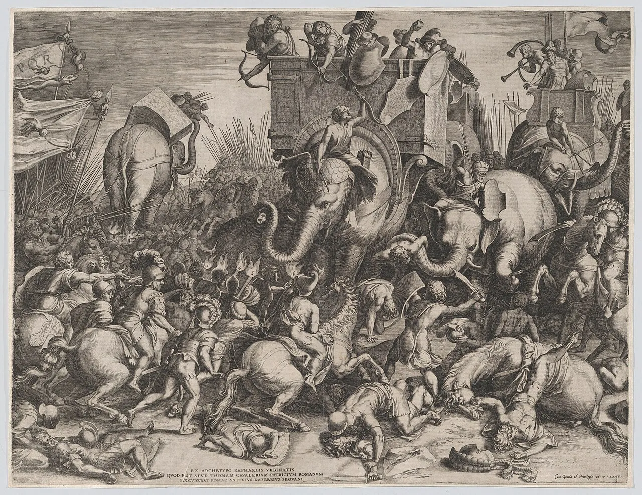 La battaglia di Zama — incisione di Cornelis Cort da Giulio Romano, 1567