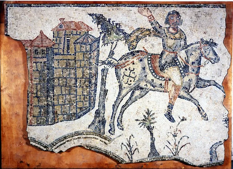 Cavaliere vandalo — mosaico da Bordj Djedid presso Cartagine, c. 500 d.C., British Museum