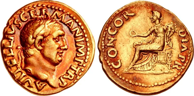 Aureo d'oro di Vitellio, 69 d.C., RIC I 72