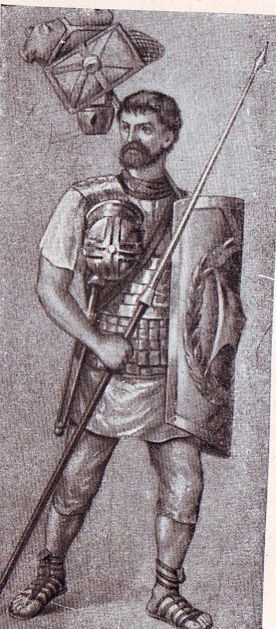 Legionario romano in marcia con armatura completa e sarcina
