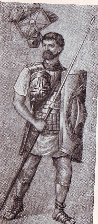 Legionario romano in marcia con armatura completa e sarcina