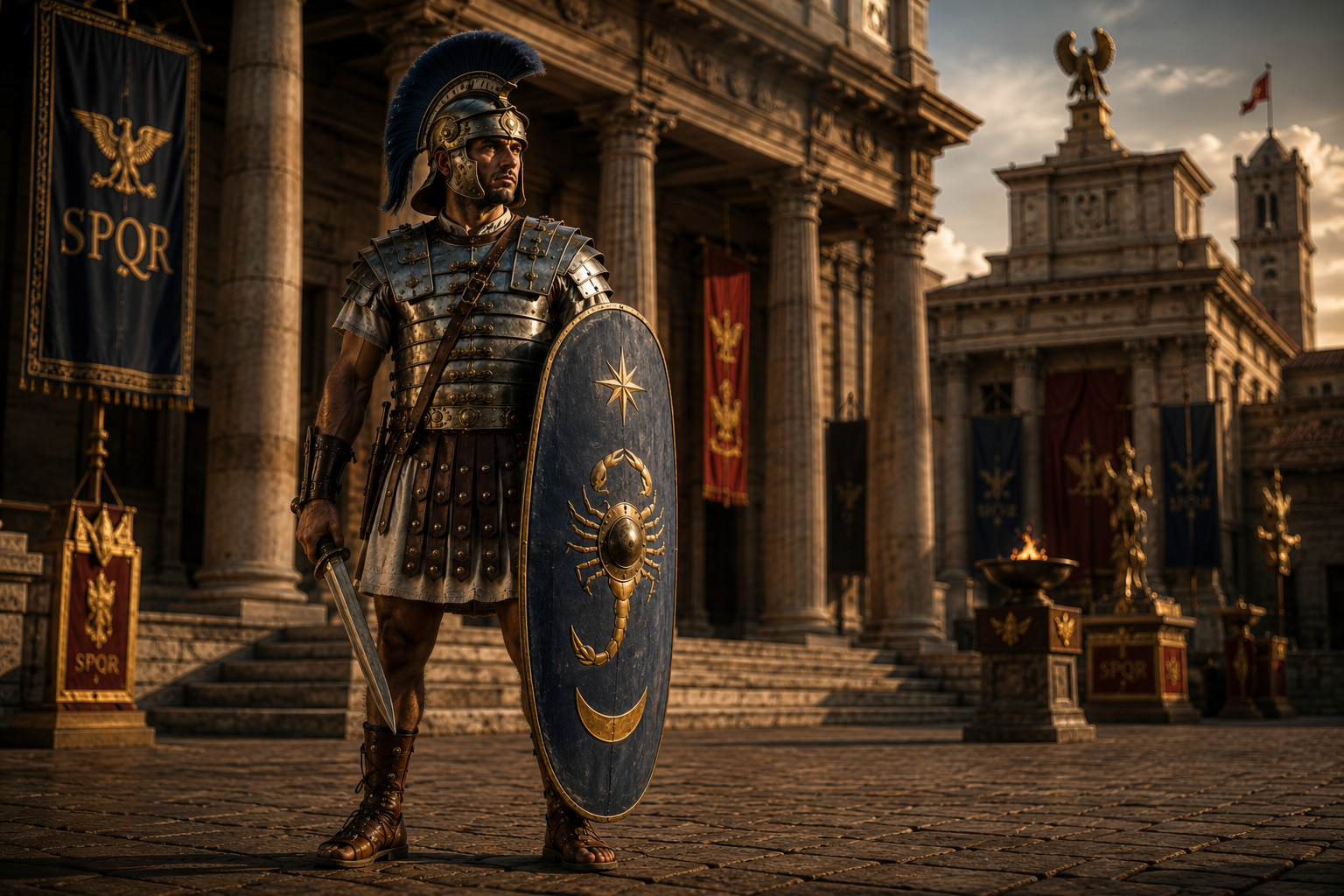 Pretoriano romano con scudo scorpione davanti al palazzo imperiale